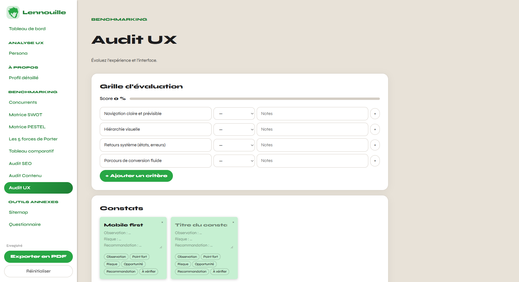 Création de l'espace Audit UX